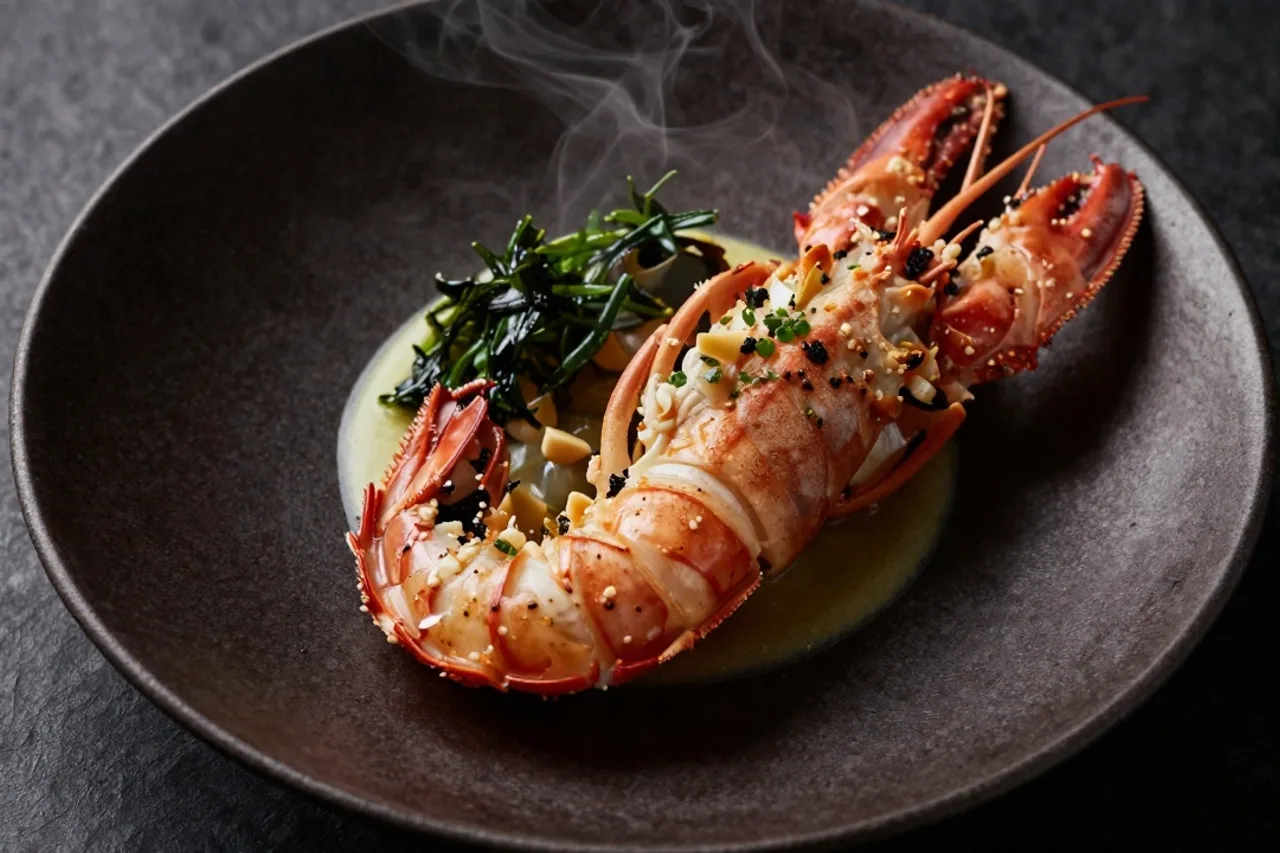 Assiette gastronomique de la mer dressée sur céramique sombre