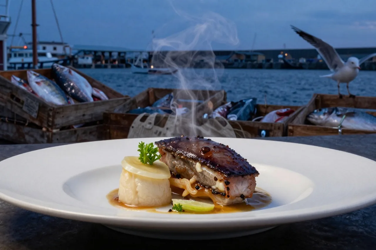 Port de pêche à l'aube avec caisses de poissons frais
