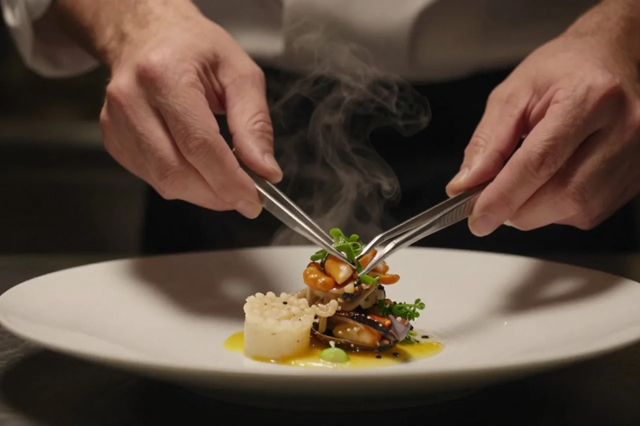 Mains du chef dressant une assiette à la pince en cuisine