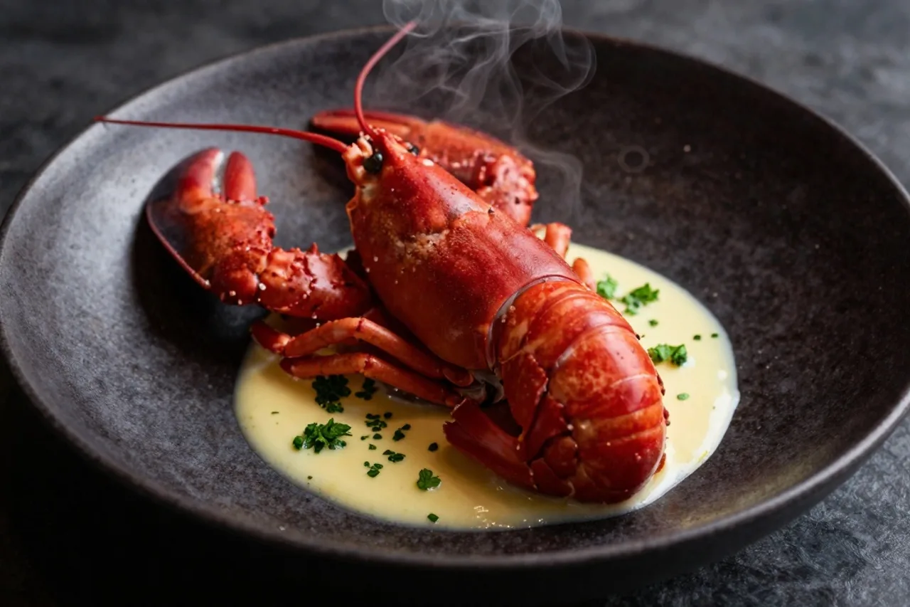 Homard dressé sur céramique sombre, sauce beurre et herbes